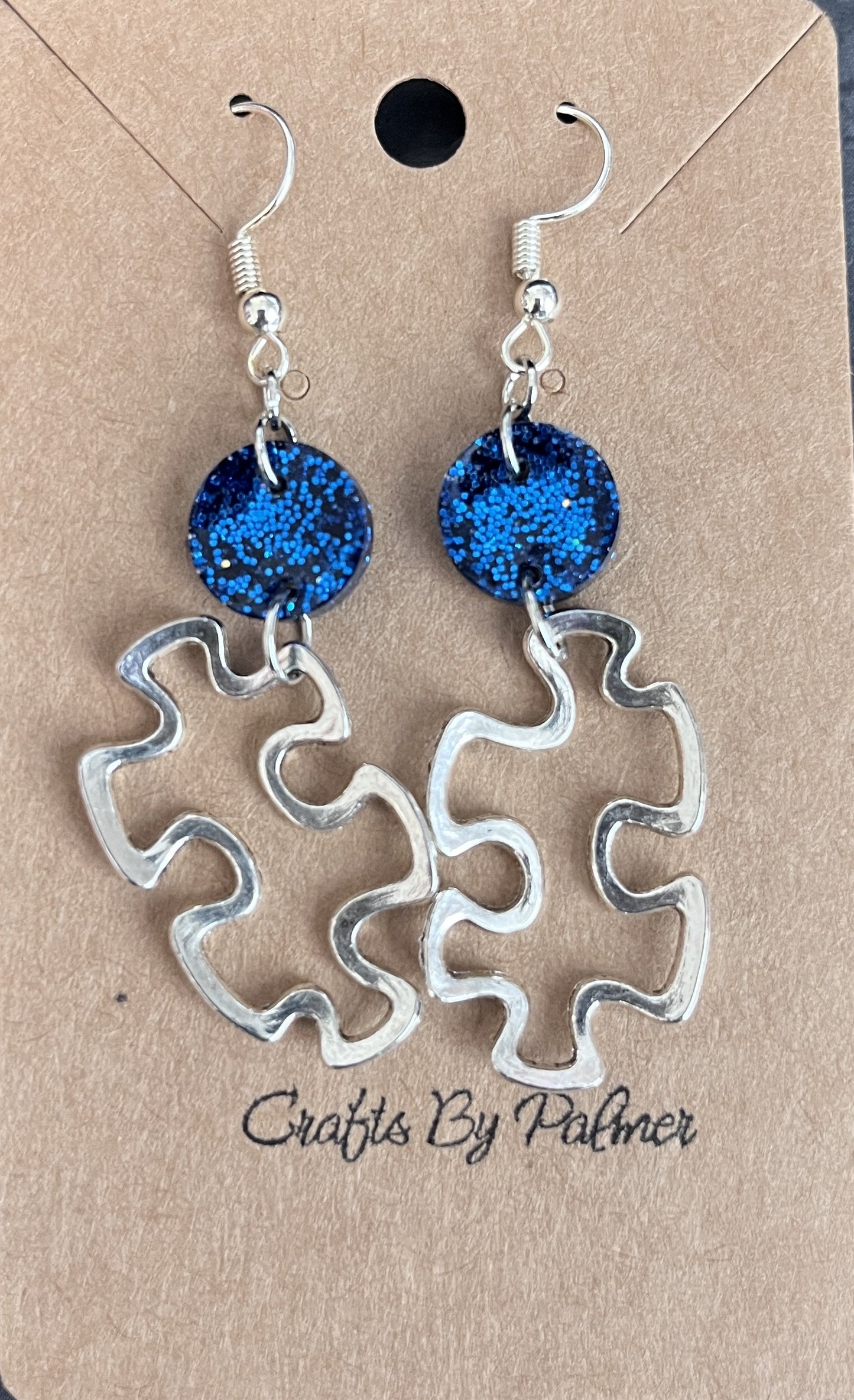 Silver Puzzle Charm and Blue Resin Earrings - Crafts by Palmer