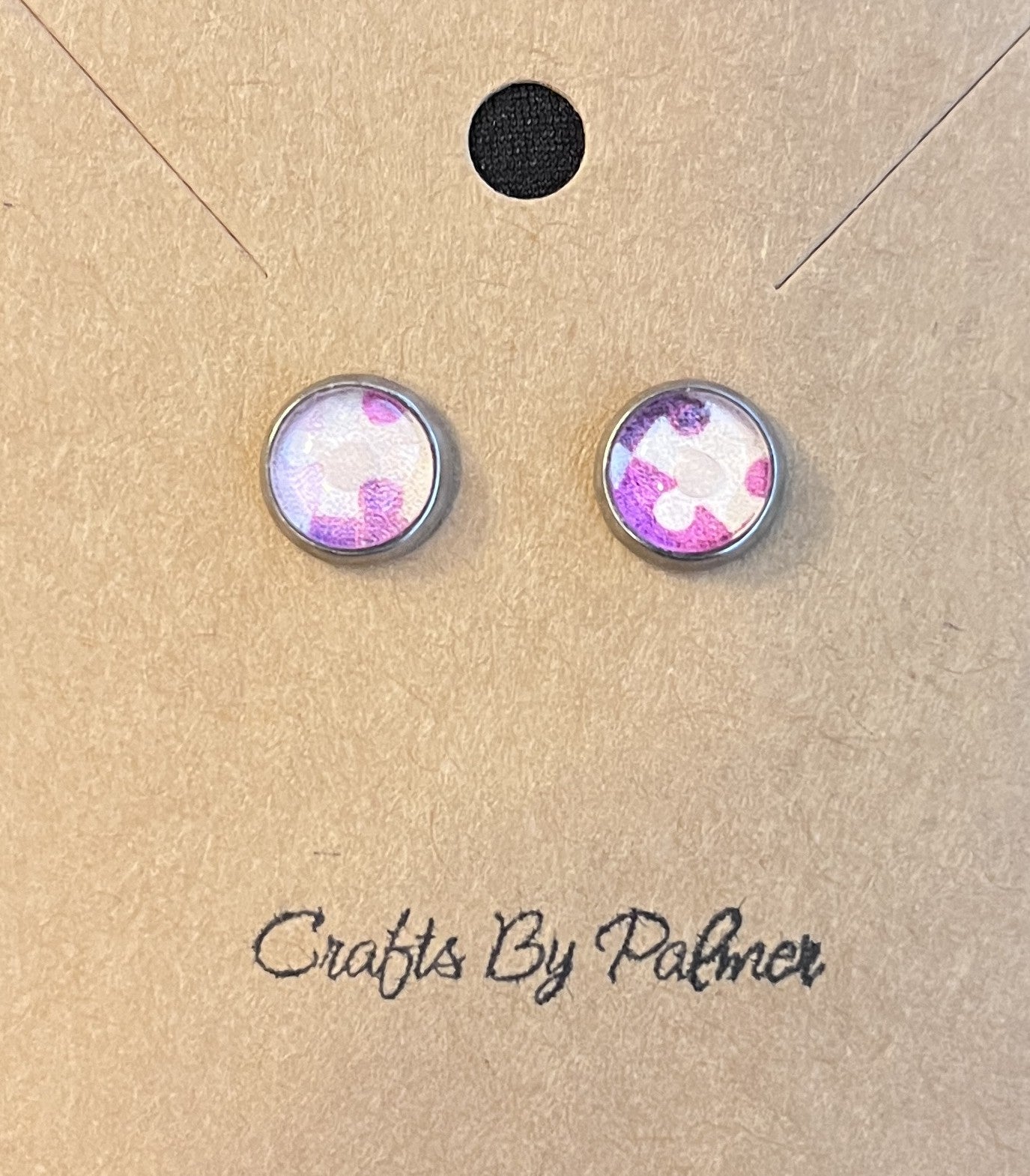 Silver backed pink and purple puzzle pieced patterned stud earrings - Crafts by Palmer