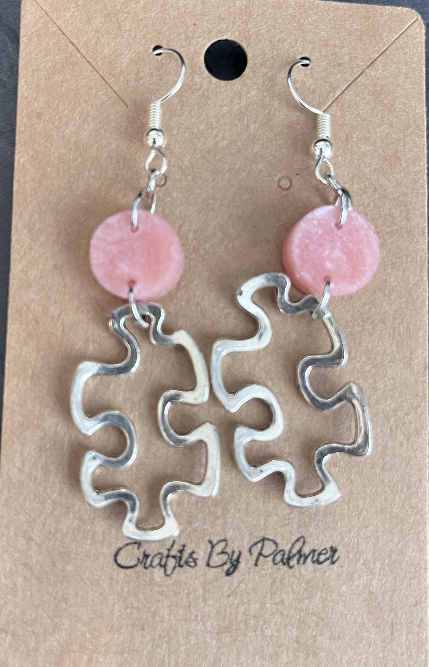 Silver Puzzle Charm and Light Pink Resin Earrings - Crafts by Palmer