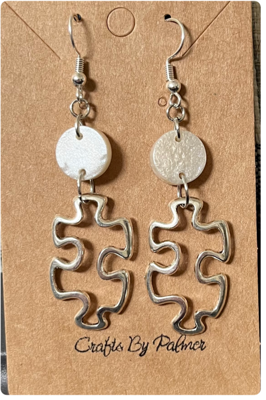 Silver Puzzle Charm and White Resin Earrings - Crafts by Palmer