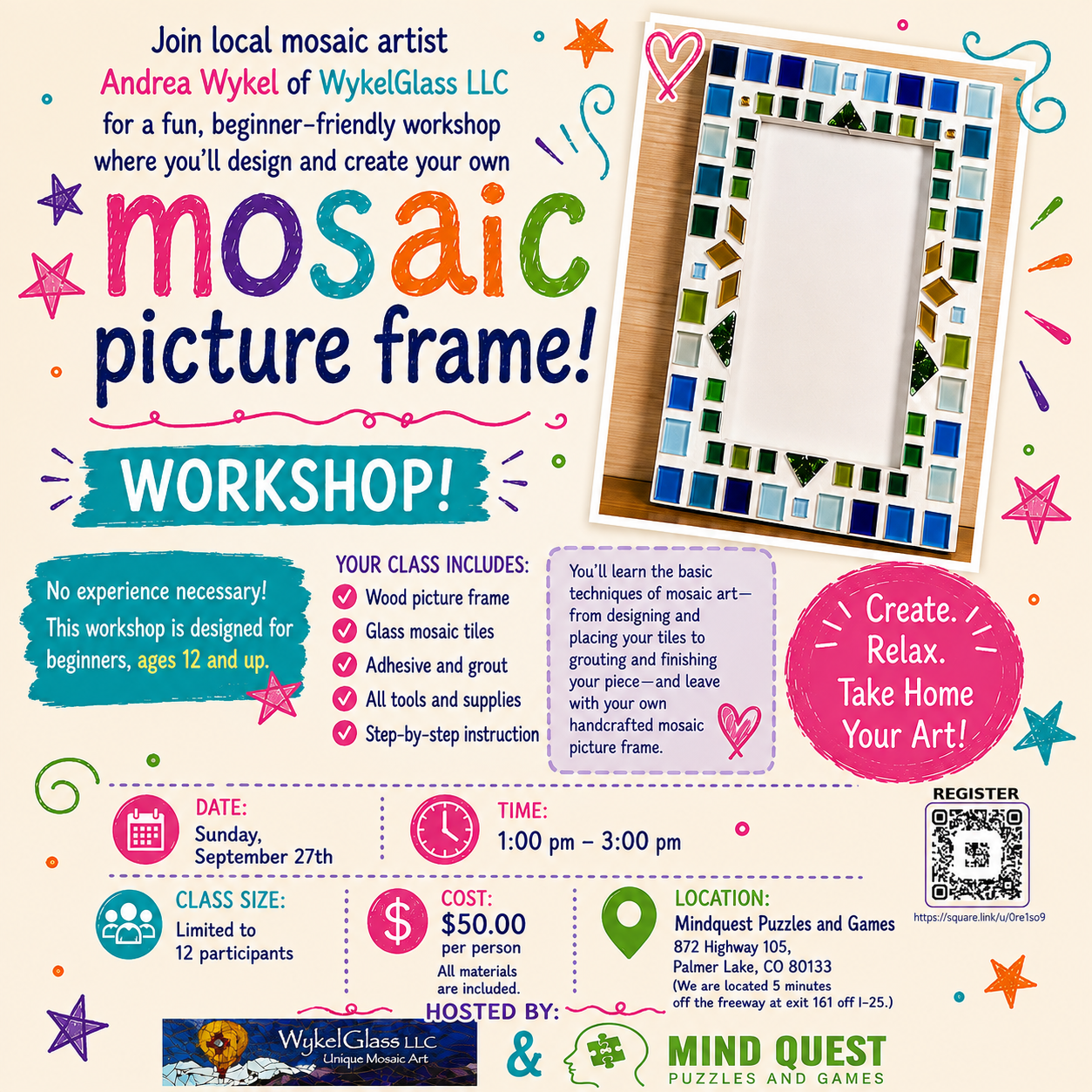 Andrea Wykel of WykelGlass LLC - beginner-friendly Mosaic Picture Frame Workshop