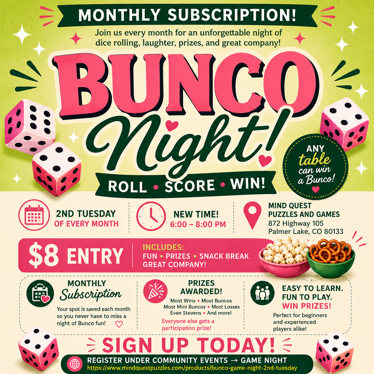 Bunco Game Night - 2nd Tuesday - Monthly Subscription
