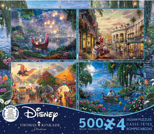 4 in 1 puzzles -Thomas Kinkade - Disney Themed 500 piece puzzle assortment - Ceaco