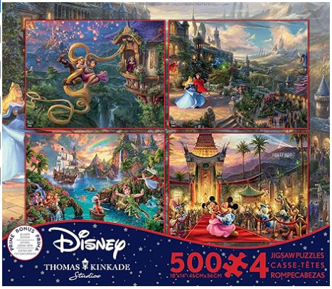 4 in 1 puzzles -Thomas Kinkade - Disney Themed 500 piece puzzle assortment - Ceaco