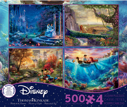 4 in 1 puzzles -Thomas Kinkade - Disney Themed 500 piece puzzle assortment - Ceaco