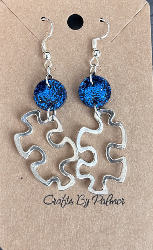 Silver Puzzle Charm and Blue Resin Earrings - Crafts by Palmer