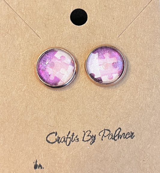 Rose gold backed pink and purple puzzle pieced patterned stud earrings - Crafts by Palmer