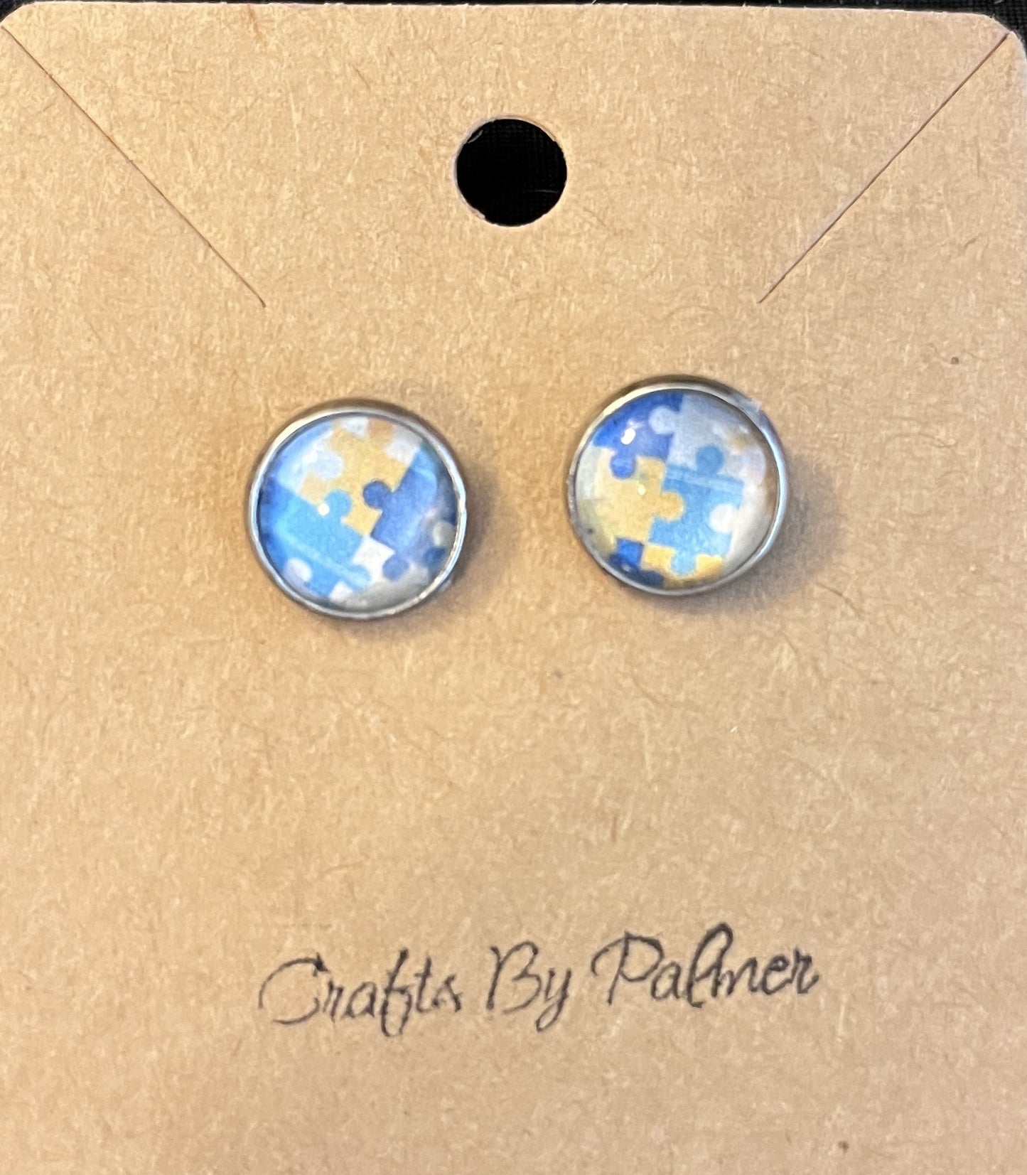 Silver backed multicolored puzzle pieced patterned stud earrings - Crafts by Palmer