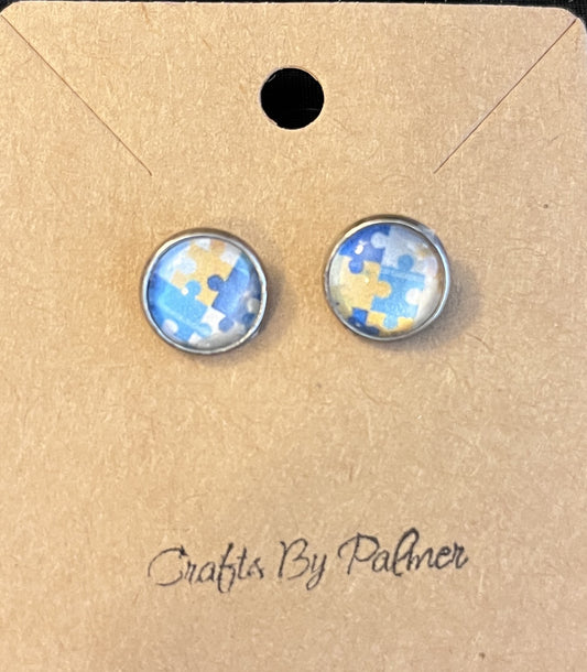 Silver backed multicolored puzzle pieced patterned stud earrings - Crafts by Palmer