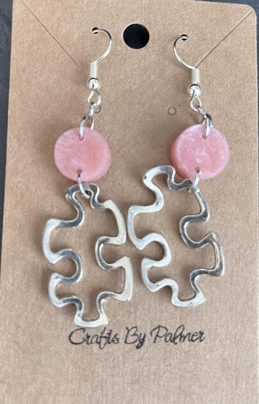 Silver Puzzle Charm and Light Pink Resin Earrings - Crafts by Palmer