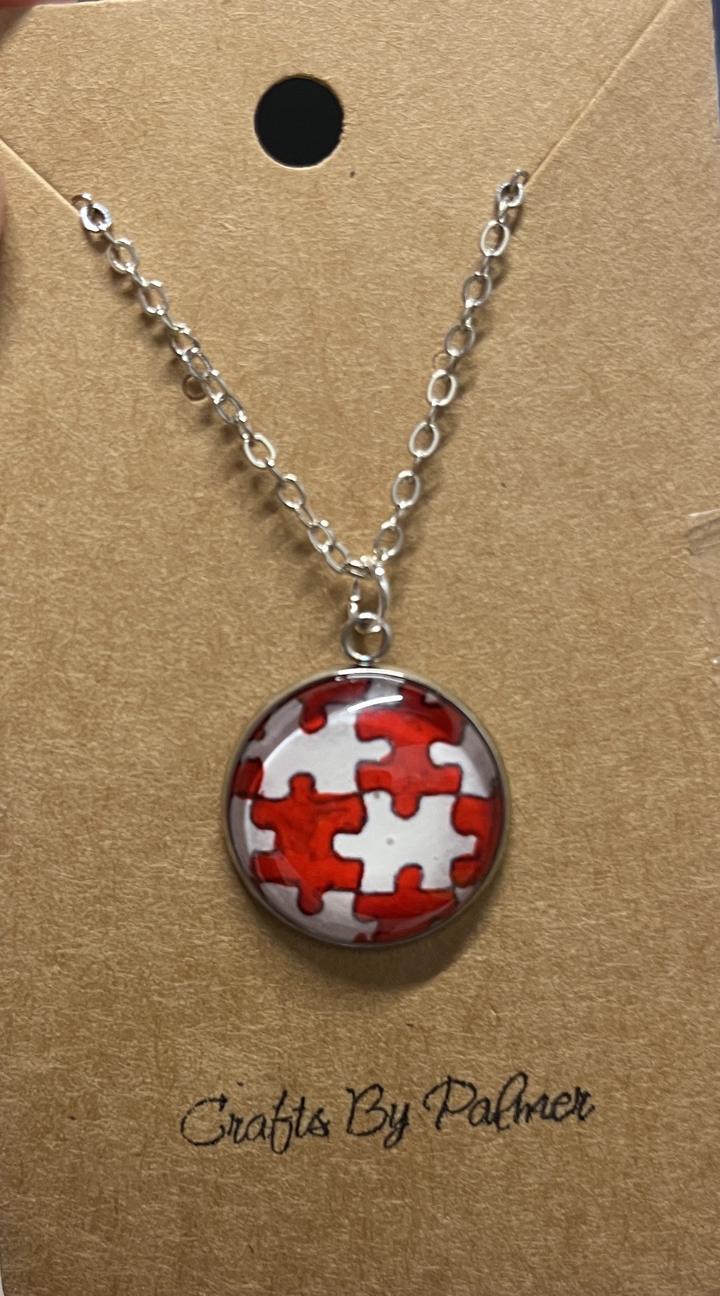 Round Medium Bezel Red Puzzle Pieces Pattern Gold Necklace - Crafts by Palmer