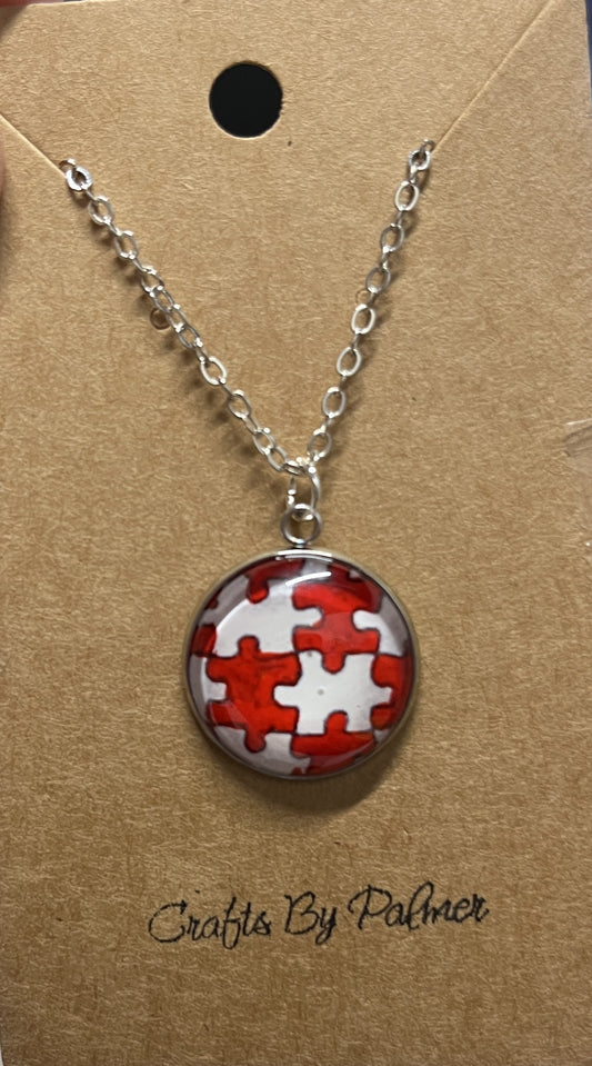 Round Medium Bezel Red Puzzle Pieces Pattern Gold Necklace - Crafts by Palmer