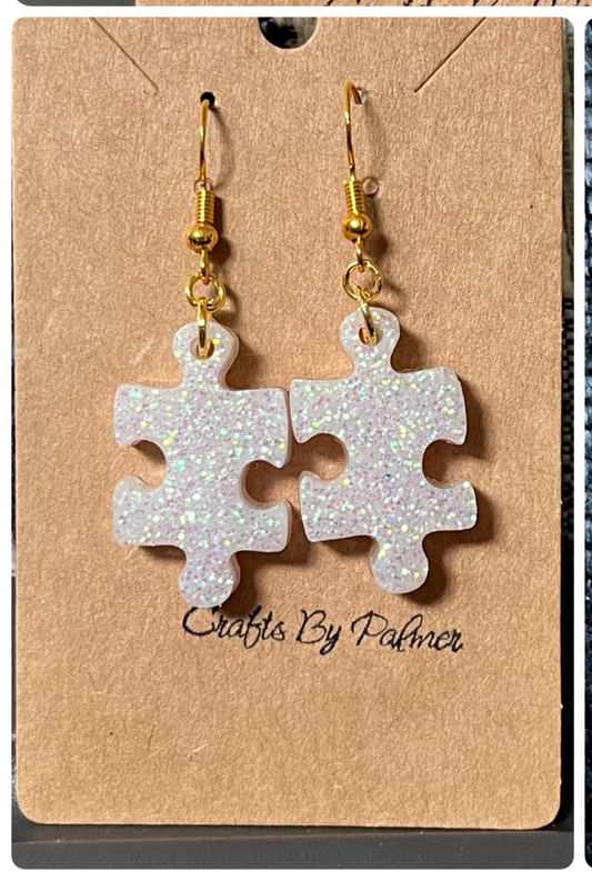 Puzzle White Sparkling Resin Earrings - Crafts by Palmer