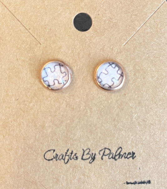 rose gold backed white puzzle pieced patterned stud earrings - Crafts by Palmer