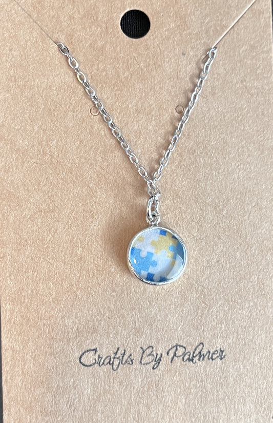 Round Bezel Colored Puzzle Pieces Pattern Silver Necklace - Crafts by Palmer