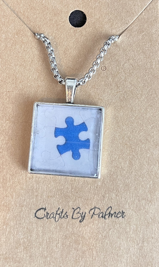 Square Bezel Blue Puzzle Piece Pattern Necklace - Crafts by Palmer