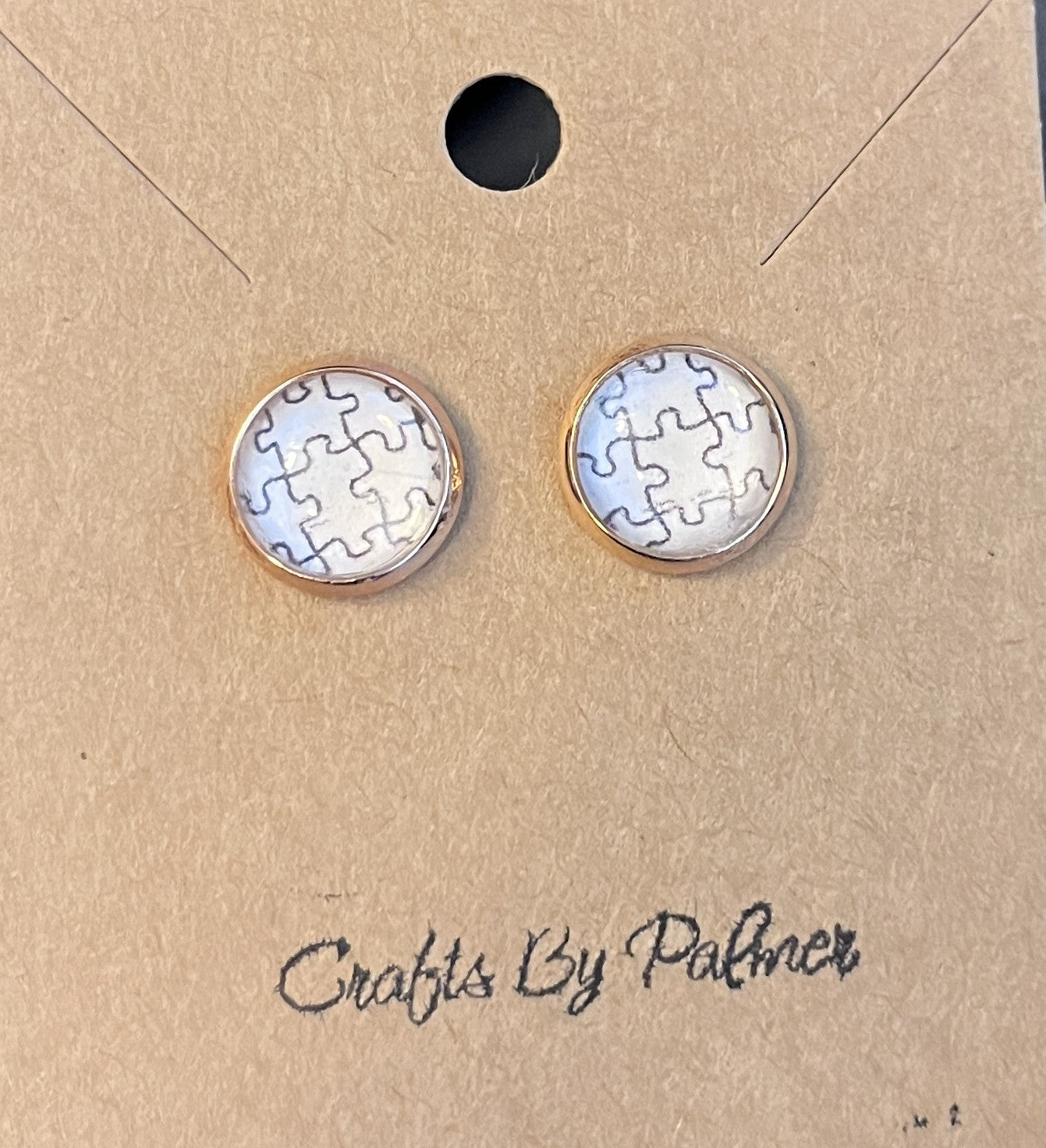 Rose Gold backed white puzzle pieced patterned stud earrings - Crafts by Palmer